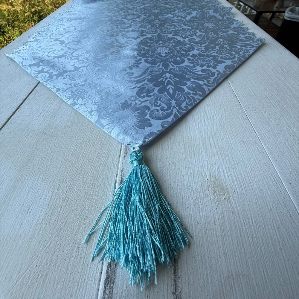 Light Blue Damask Table Runner Tassel Lace Trim Floral Brocade 34x15 0906